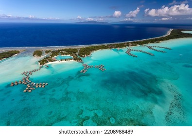 Aerial Bora Bora French Polynesia An Atoll In The Pacific Ocean Overwater Luxury Bungalows Vacation Island Resort Travel Tourism South Pacific