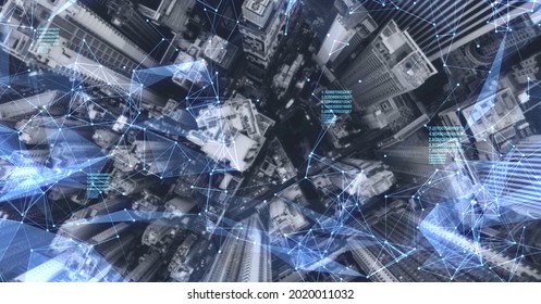 Aerial. Camera moving around buildings. Wireless communication network concept. IoT Internet of Things. ICTInformation Communication Technology.