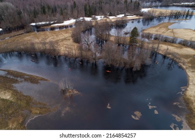 Aerial Of Canoes On A Springtime River In Soomaa National Park, Estonia