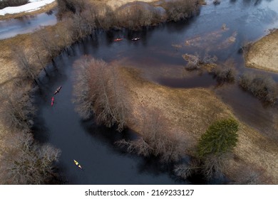 Aerial Of Canoes On A Springtime River In Soomaa National Park, Estonia	