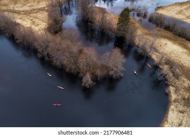 Aerial Of Canoes On A Springtime River In Soomaa National Park, Estonia	