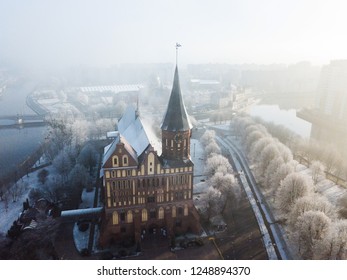 Aerial: The Cathedral In Kaliningrad In Snowy Winter