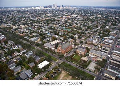 Aerial Of Church And Neighborhood In The City Of New Orleans