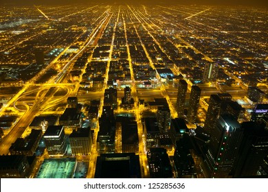 Aerial city night view of Chicago, IL, USA