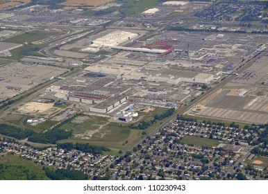 aerial city view,  General Motors car manufacturing plant in Oshawa, Ontario Canada