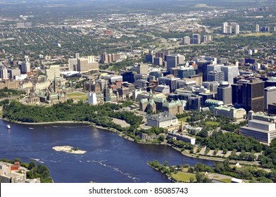 Aerial City View Of The Skyline Of Downtown Ottawa, Including Parliament Buildings; Ottawa, Ontario Canada