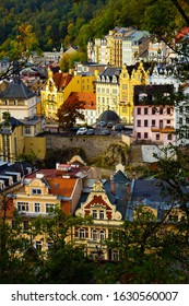 Aerial cityscape of Czech town Karlovy Vary