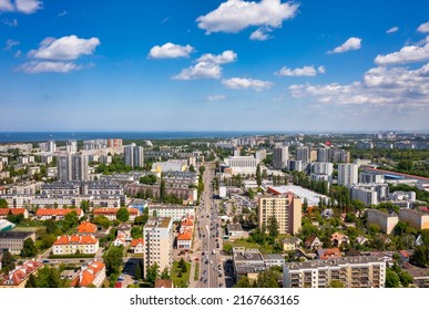 Aerial cityscape of Gdansk Przymorze with the Baltic Sea view at sunny day, Poland. - Shutterstock ID 2167663165