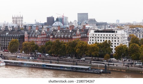 Aerial Cityscape Of London, Victoria Embankment View With Westminster Millennium Pier And  New Scotland Yard Building