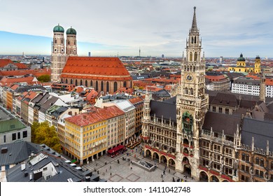 Aerial cityscape of Munich historical center with New Town Hall on Marienplatz and Frauenkirche. Munich. Germany