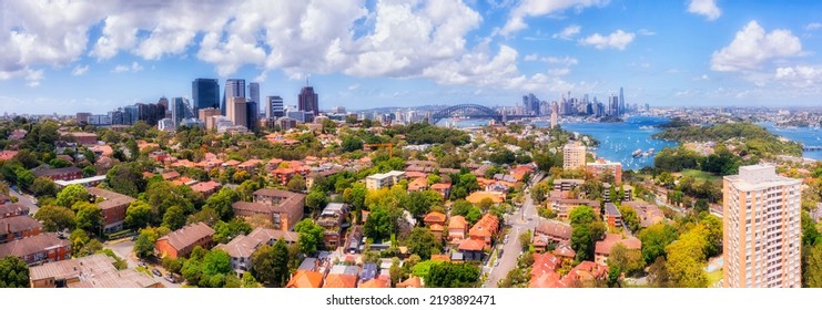 Aerial Cityscape Panorama From North Sydney To Harbour And Distant City CBD Landmarks Of Australia.