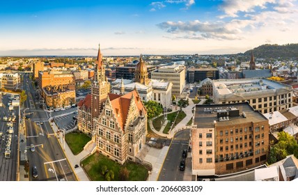 Aerial cityscape of Paterson, NJ and its old courthouse. Paterson is the county seat of Passaic County and the 3rd most populous city of NJ, with the 2nd largest muslim population in US by percentage.