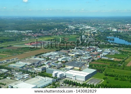 aerial cityscape,  view of Offenburg South, industrial area with the prison and Airport; located in the Baden region of Germany