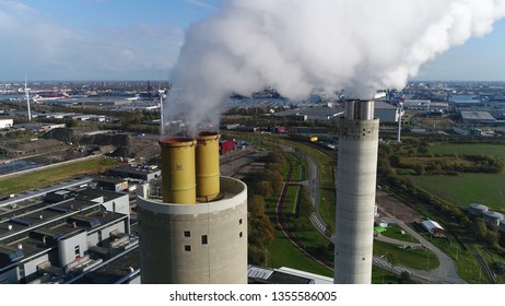 Aerial Close Up Photo Coal Fired Power Plant Thermal Station Flues This Electricity Production Provides About 32 Percent Of Consumed Electricity In The United States Showing Thick White Flue Exhaust