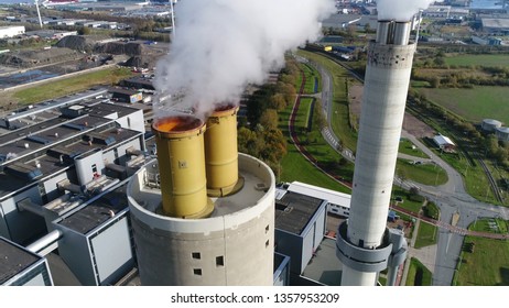 Aerial Close Up Picture Coal Fired Power Plant Thermal Station Flues This Electricity Production Provides About 32 Percent Of Consumed Electricity In The United States Showing Thick White Flue Exhaust