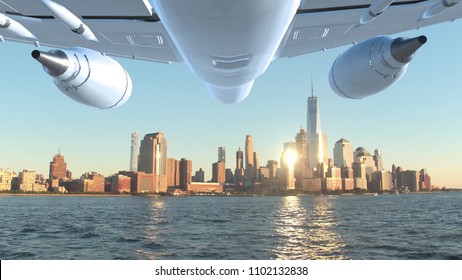 AERIAL CLOSE UP: Flying Along Beautiful Hudson River As Big Commercial Plane Flies Towards New York. Picturesque Shot Of Golden Sun Beams Illuminating The Towering Skyscrapers In Spectacular Manhattan