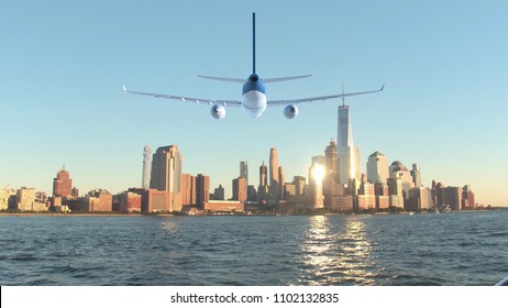 AERIAL, CLOSE UP: Spectacular Shot Of Passenger Plane Crossing The Calm Hudson River On A Sunny Day. Modern Skyscrapers Glisten In The Bright Sunlight As Big Aircraft Flies Towards Stunning Manhattan.