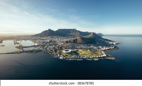 Aerial coastal view of Cape Town. View of cape town city with table mountain, cape town harbour, lion's head and devil's peak, South Africa. - Shutterstock ID 383678785