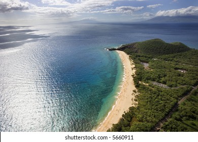 Aerial Of Coastline With Sandy Beach And Pacific Ocean In Maui, Hawaii.