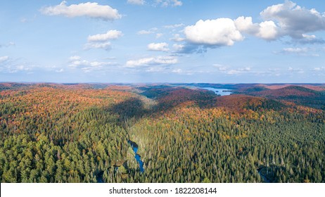 Aerial Of Colorful Autumn Rivers & Lakes Though Mountains In Northern Ontario Canada