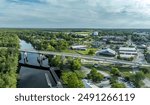 Aerial of Conway, small town on a bluff overlooking the Waccamaw River in South Carolina with typical main street, water tower, marina in Horry county