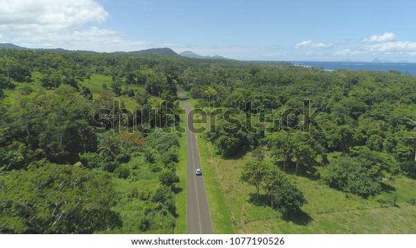 AERIAL: Cool shot of lone car driving past overgrown\
jungle nature on picturesque sunny day in Pacific Islands.\
Breathtaking nature provides a scenic landscape for travelers\
driving in rental car.