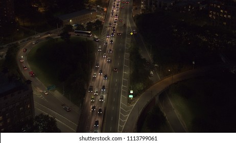 AERIAL: Dense Traffic On Brooklyn Bridge Highway In DUMBO Neighborhood At Night