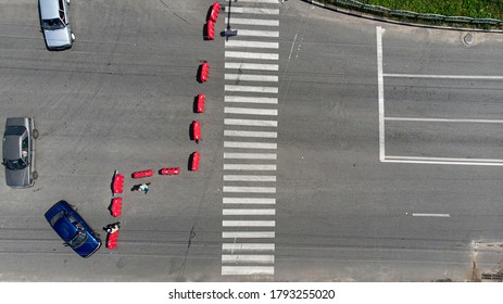 Aerial. Detour Background With Closed Road With Plastic Fence. Top View.