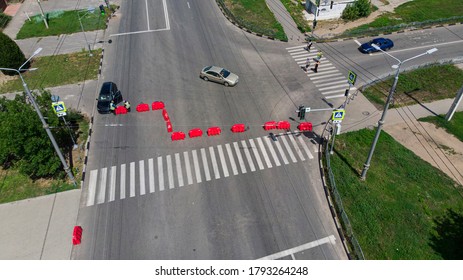 Aerial. Detour Background. Closed Road With Plastic Fence. Pedestrian Crossing With People. View Above.