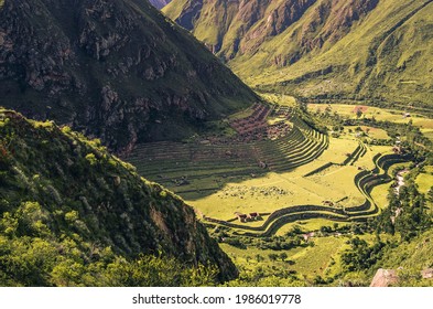 Aerial distant view of Llactapata ruins on inca trail to Machu Picchu archaeological site from the Inca's ancient civilization in Peru. South America