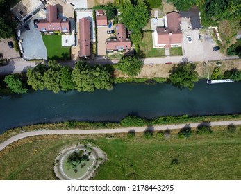 Aerial Down Shot Of River And Beautiful Houses In Hertford UK