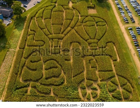 An Aerial Down View of a Corn Maze, Depicting Hot Air Balloons at a Festival on a Sunny Summer Day