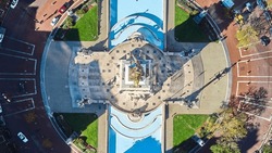 Aerial Down View Of Soldiers And Sailors Monument And Monument Circle In Downtown Indianapolis, Indiana