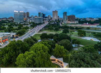 Aerial Downtown Fort Worth And 7th Street Bridge At Dusk