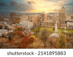 Aerial Downtown New Haven during the fall with sun rays