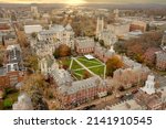 Aerial Downtown New Haven during the fall with sun rays