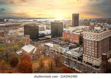 Aerial Downtown New Haven during the fall with sun rays