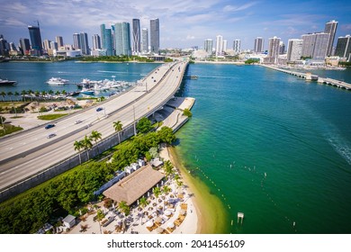 Aerial Drone Of Beautiful Miami Biscayne Bay Florida 