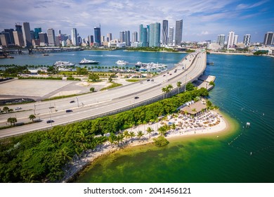 Aerial Drone Of Beautiful Miami Biscayne Bay Florida 