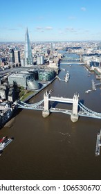 Aerial Drone Bird's Eye View Of Iconic Tower Bridge In City Of London, United Kingdom