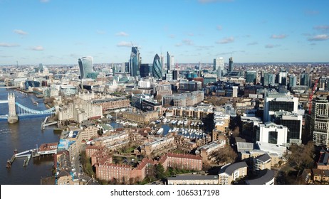 Aerial Drone Bird's Eye View Of Famous St Katharine Docks Marina And Iconic Skyline In City Of London, United Kingdom