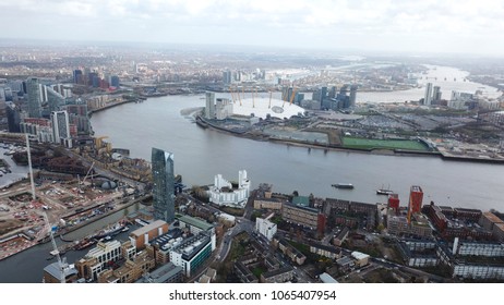 Aerial drone bird's eye view of iconic concert Hall of O2 Arena, London, United Kingdom