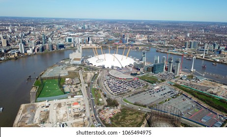 Aerial Drone Bird's Eye View Of Iconic Concert Hall Of O2 Arena, London, United Kingdom