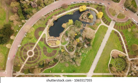 Aerial Drone Bird's Eye View Photo Of Iconic Regent's Park Unique Nature And Symetry Of Queen Mary's Rose Gardens As Seen From Above, London, United Kingdom