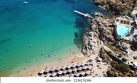 Aerial Drone, Bird's Eye View Photo Of Iconic Pool Club In Famous Super Paradise Beach, Mykonos Island, Cyclades, Greece