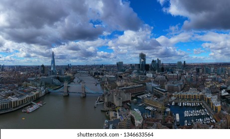 Aerial Drone Bird's Eye View Of Iconic Tower Bridge, The Shard And Skyline In City Of London, United Kingdom