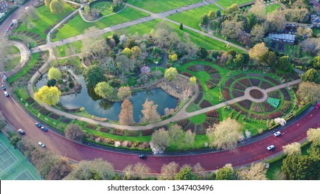 Aerial Drone Bird's Eye View Photo Of Famous Regent's Royal Park Unique Nature And Symetry Of Queen Mary's Rose Gardens As Seen From Above, London, United Kingdom