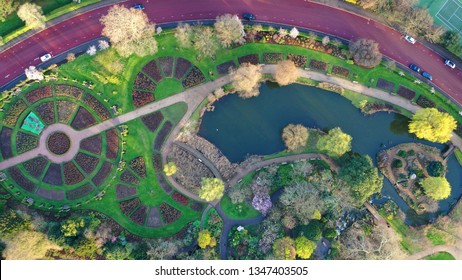 Aerial Drone Bird's Eye View Photo Of Famous Regent's Royal Park Unique Nature And Symetry Of Queen Mary's Rose Gardens As Seen From Above, London, United Kingdom