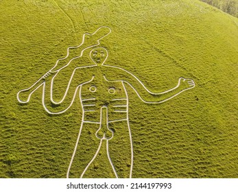 Aerial drone. Cerne Abbas Giant, Dorset. Hill figure carved out of chalk. 55 meters high. Depicts a standing nude male with prominent manhood.