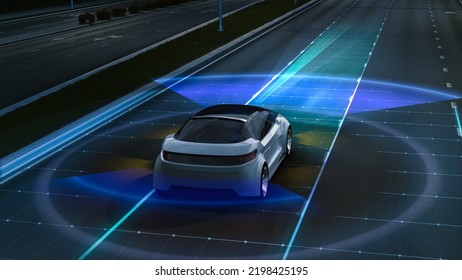 Aerial Drone Following Futuristic 3D Concept Car. Autonomous Self Driving Van Moving Through City Highway. Visualized AI Sensors Scanning Road Ahead for Speed Limits, Vehicles, Pedestrians. Back View.